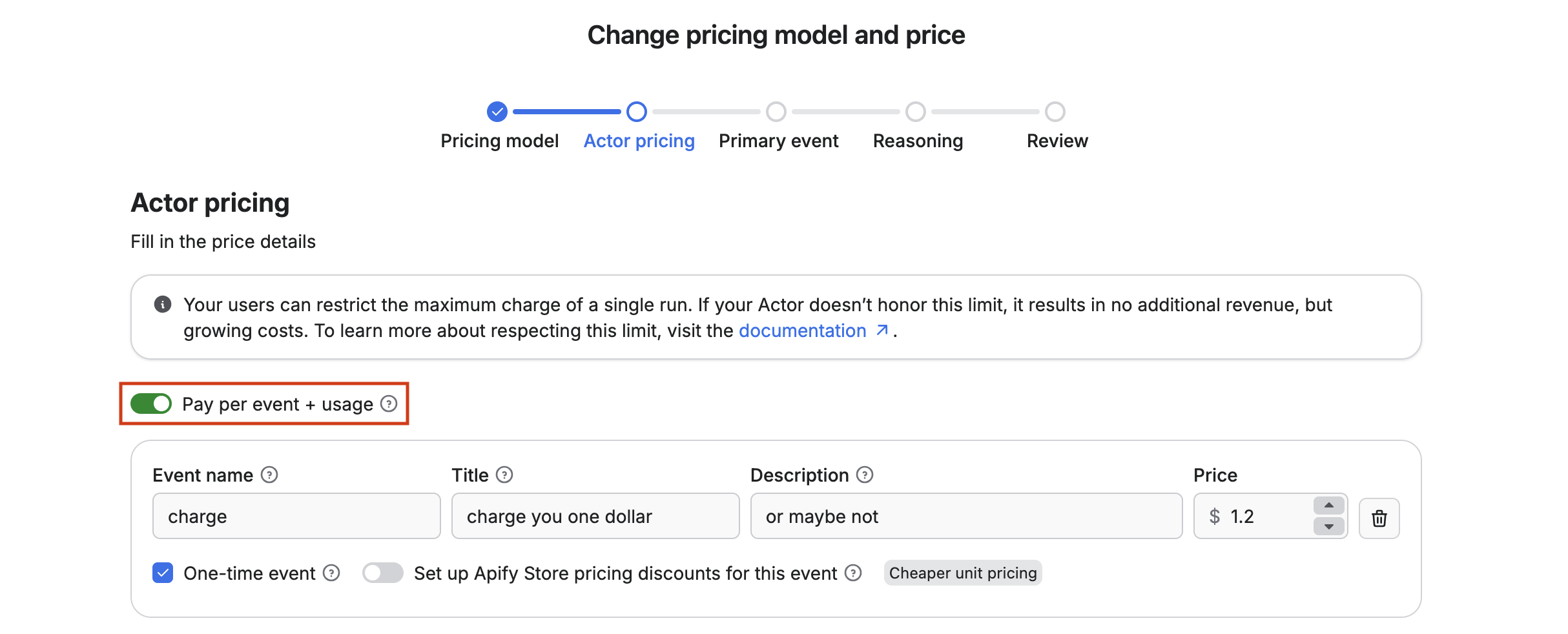 Pay per event with usage toggle button